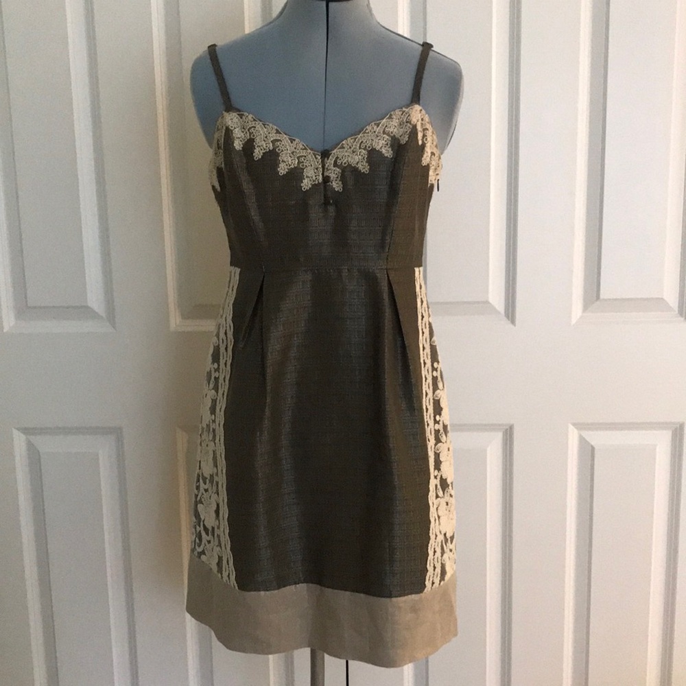 Anthropologie Moulinette Soeurs Green Tan Metallic & Cream Lace Trim Dress 6